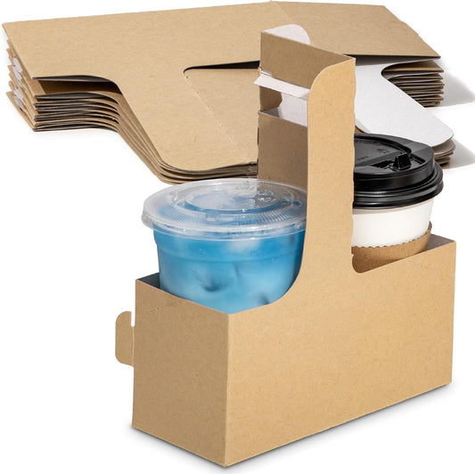 FMP Brands 2 Cup Disposable Drink Carrier with Handle, 60 Pack Kraft Paperboard Handled Drink Carriers 12-30 oz to Go Coffee Cup Holder, Cup Carrier for Cold Hot Drinks, Takeout, Cafe