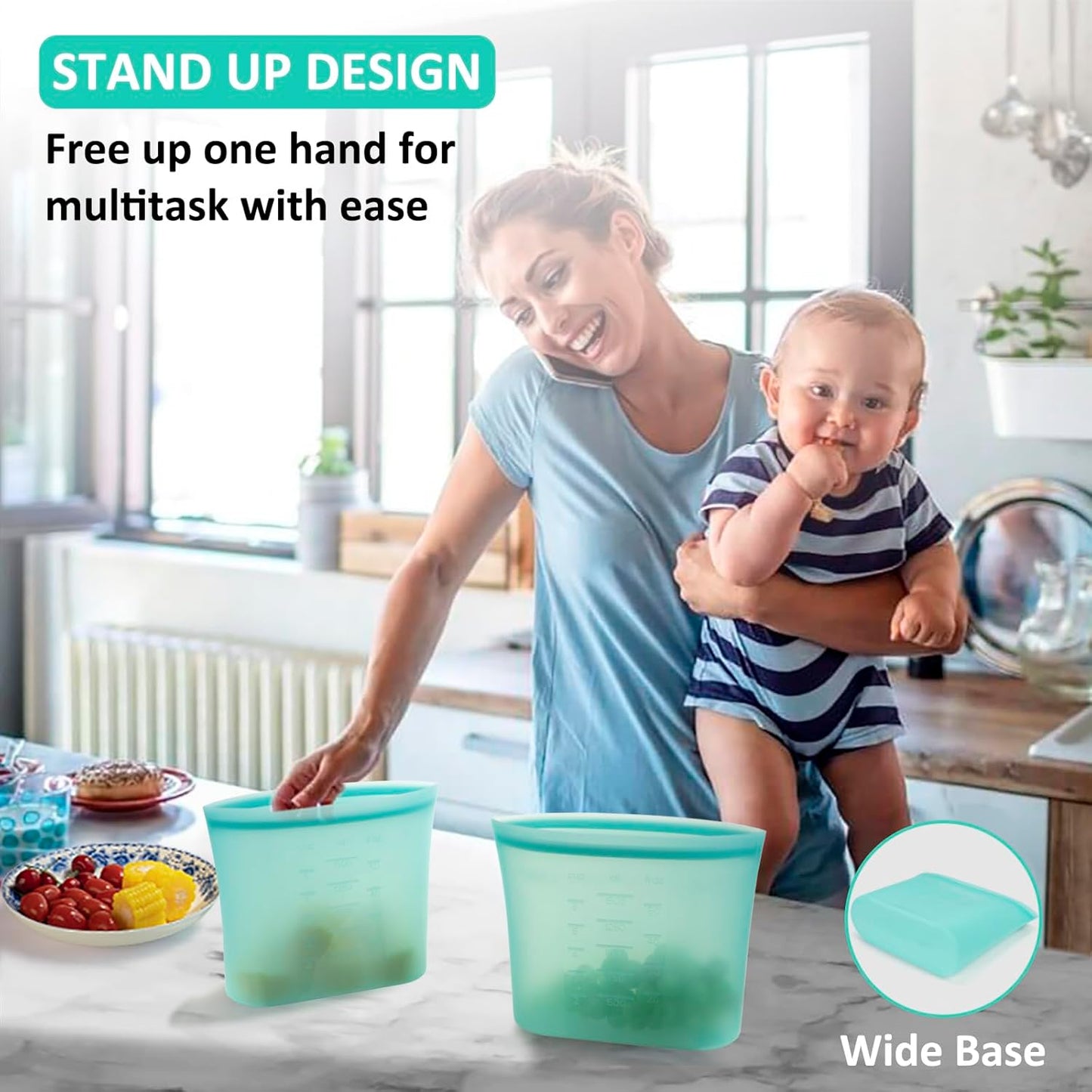 Large Reusable Storage Bag, 4 Pack 100% Silicone Food Storage Bags Stand Up Silicone Zip Lock Bags for Food Container, Freezer Microwave Oven Dishwasher Safe, Aqua, 50.7oz/ 1500ml