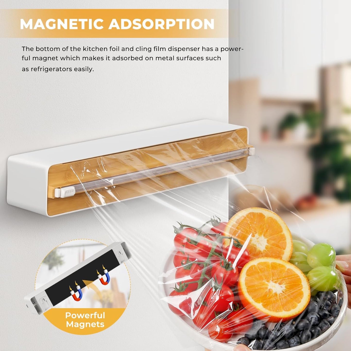 Magnetic Plastic Wrap Dispenser with Cutter - Quasziwa Upgrade Practical Refillable Cling Wrap Aluminum Tin Foil Organizer for Drawer, Include an Extra Roll of 12"X 164' Food Cling Film - Wood Grain