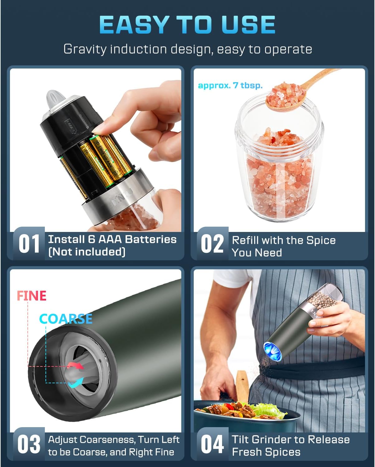 XinXu Gravity Electric Pepper and Salt Grinder Set, Automatic Mill Grinder Shaker,Battery-Operated, Adjustable Coarseness, Stainless Steel, LED Light, One Hand Operated,Dark Green