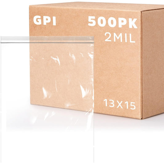 GPI PACK of 500, 2 Gallon, 13" x 15", CLEAR PLASTIC RECLOSABLE ZIP BAGS - Bulk 2 mil, Large, Strong & Durable Poly Baggies with Resealable Zip Top Lock for Travel, Storage, Packaging & Shipping.