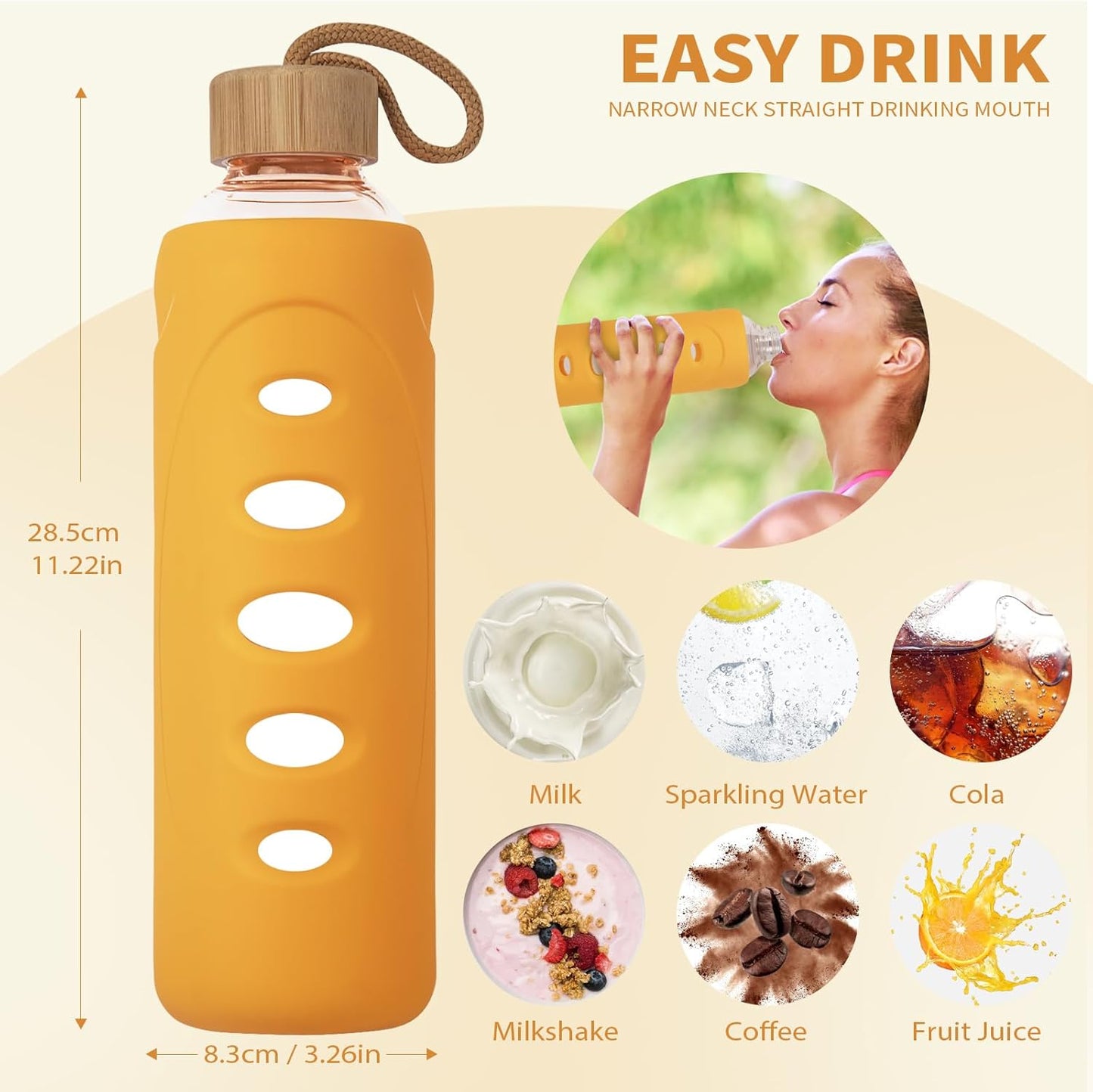 Sport 32oz Glass Water Bottle 1000ml /1 liter Borosilicate Glass Water Bottle Reusable Waterbottle Jugwith Silicone Sleeve and Unique Lid (Orange