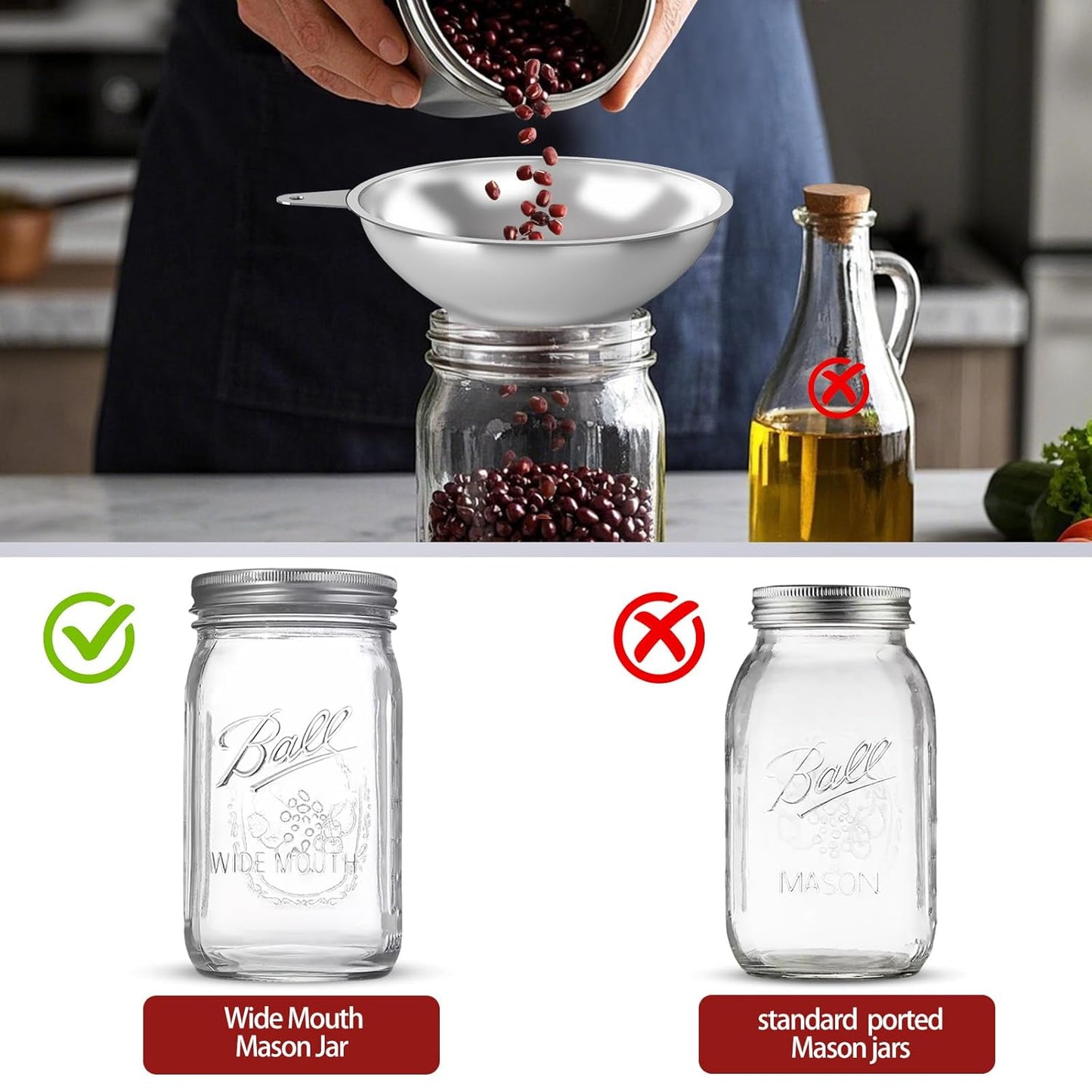Canning Funnel with Strainer - Wide Mouth Stainless Steel Kitchen Funnel for Mason Jars, Transferring Liquids, Dry Ingredients, Canning & Preserves