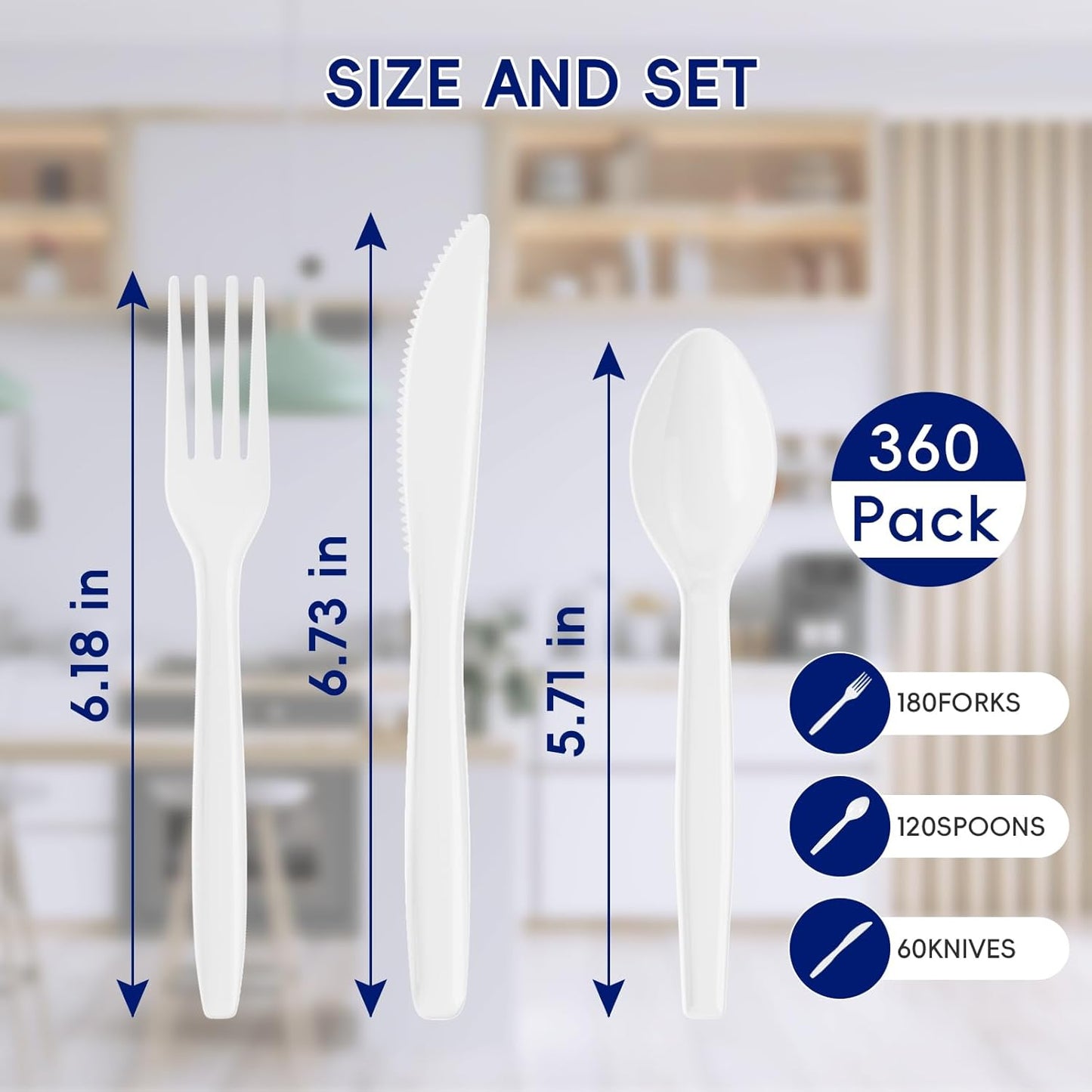 JOLLY CHEF 360 Count White Plastic Silverware Heavy Duty, 180 Forks, 120 Spoons, 60 Knives, Heat Resistant, BPA Free, Plastic Utensils Set, Disposable Cutlery set, Premium Clear Utencils