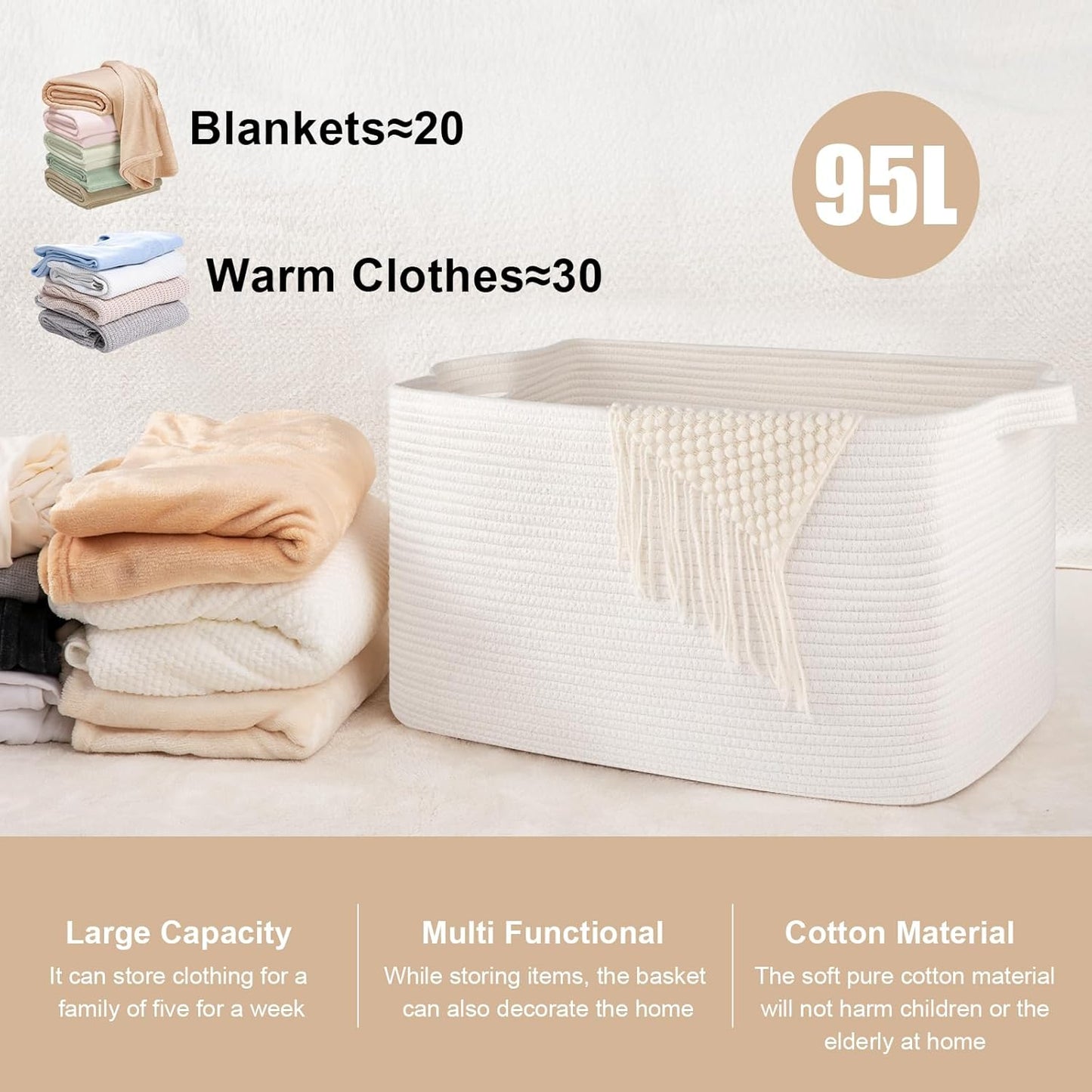 95L Large Storage Basket, Cotton Rope Woven Blanket Basket, Toy Storage for Baby Room, Living Room, 24" x 16.9" x 14.2", White