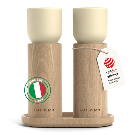 LARS NYSØM Wooden Salt and Pepper Grinder Set Manual with Tray - Salt and Pepper Mills with Adjustable Ceramic Grinder - Elegant Beechwood Pepper and Salt Mill Set for Dining Table (Almond Beige)