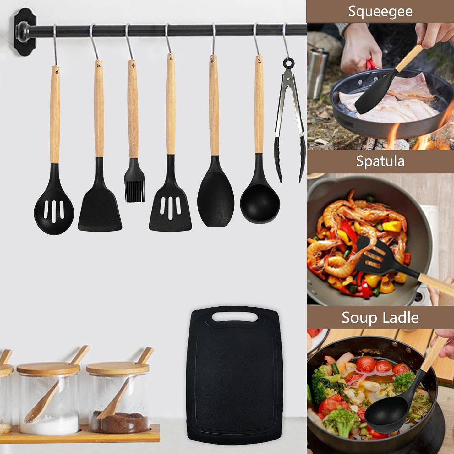 Cooking Utensils Set,19 Kitchen Set Utensils Set with 11 Pieces Spatula Cooking Utensils,Heat Resistant Silicone Utensils 6 Piece Sharp Knife Set 2 Pieces Utensil Cutting Board (Black 19 PCS Set)