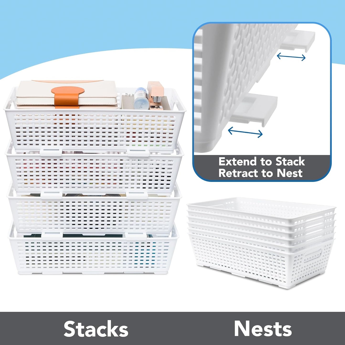 Stackable Woven Plastic Basket, Storage Bins for Cabinet, Closet, Shelf, Under Sink and Countertop, Pantry Organizer Bins, 6 Pack