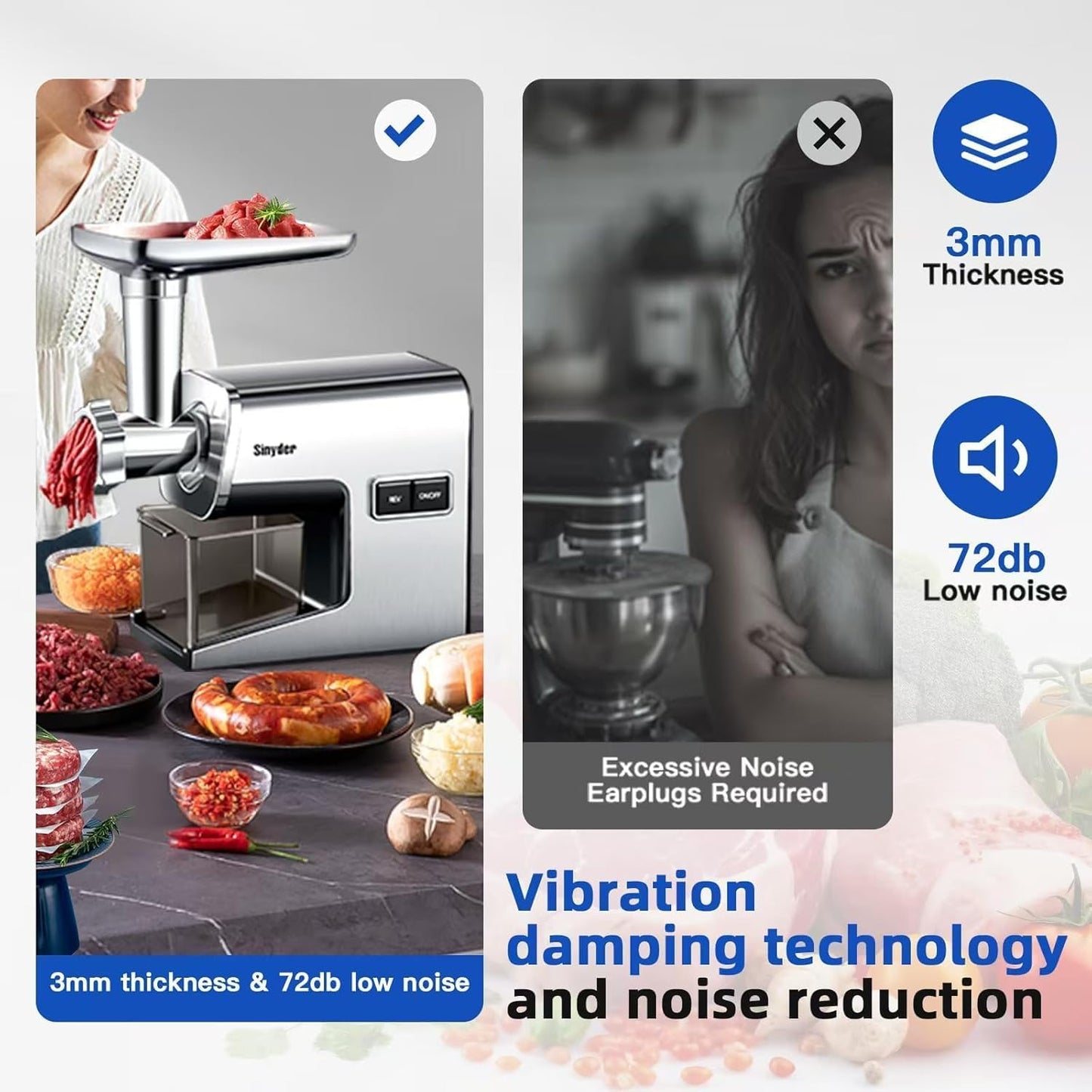 Electric Meat Grinder,3000 Max Heavy Duty Stainless Steel Meat Mincer with 2 Blades,3 Grinding Plates,Sausage Stuffer Tubes & Kubbe Kit for Home & Kitchen Using