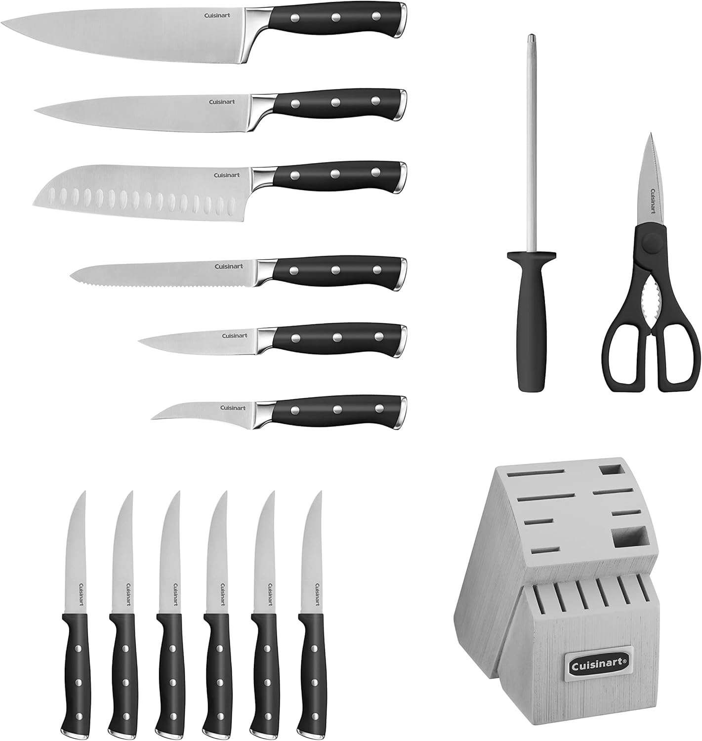 Cuisinart 15-Piece Knife Set with Block, High Carbon Stainless Steel, Forged Triple Rivet, Black/Gray C77BTR-15PG