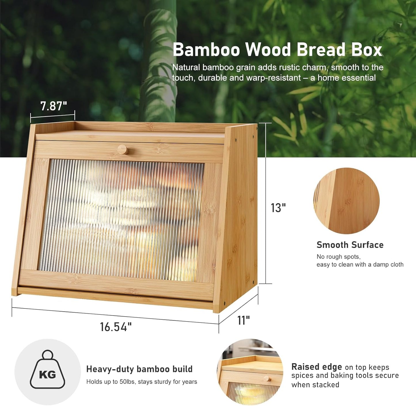 Large Bread Box for Kitchen Counter, Bamboo Bread Storage Container with Wavy Arcylic Transparent Door, Bamboo Wooden Farmhouse Bread Box for Your House