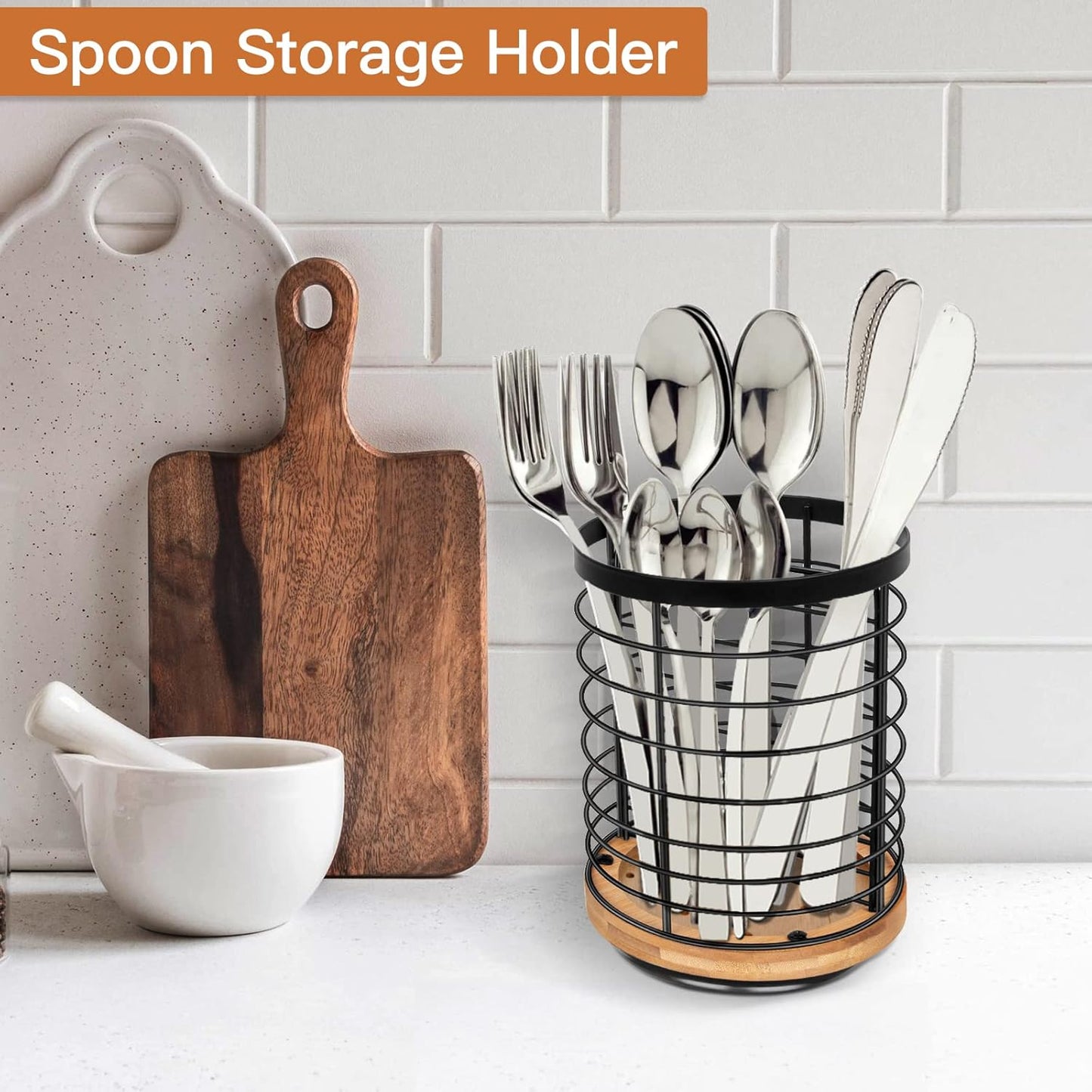 Utensil Holder for Kitchen Counter - 7.2" Large Rotating Utensil Crock, Wooden + Metal Base, Countertop Cooking Tool Spatula Organizer