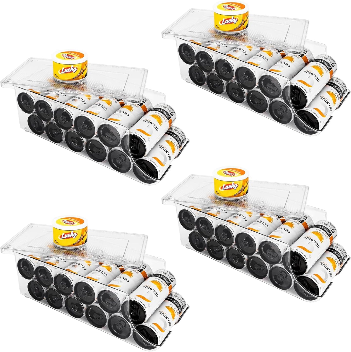4 Pack Skinny Can Organizer for Refrigerator, Stackable Tall Skinny Soda Pop Can Holder Dispenser with Lid for Fridge Pantry Rack Freezer, Clear Plastic Storage Bins-Holds 12 Slim Cans Each
