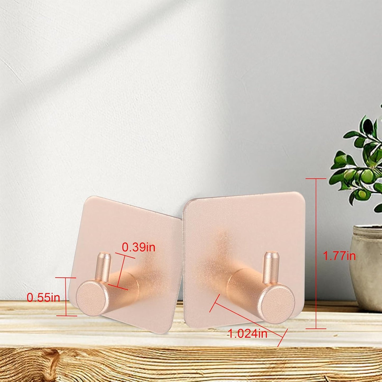 Aluminum Wall Hooks, No Drill Damage-Free Adhesive Hook, Product for Hanging Heavy Duty for Bathroom Kitchen Home (Single Square Rose Gold Hook, 4)