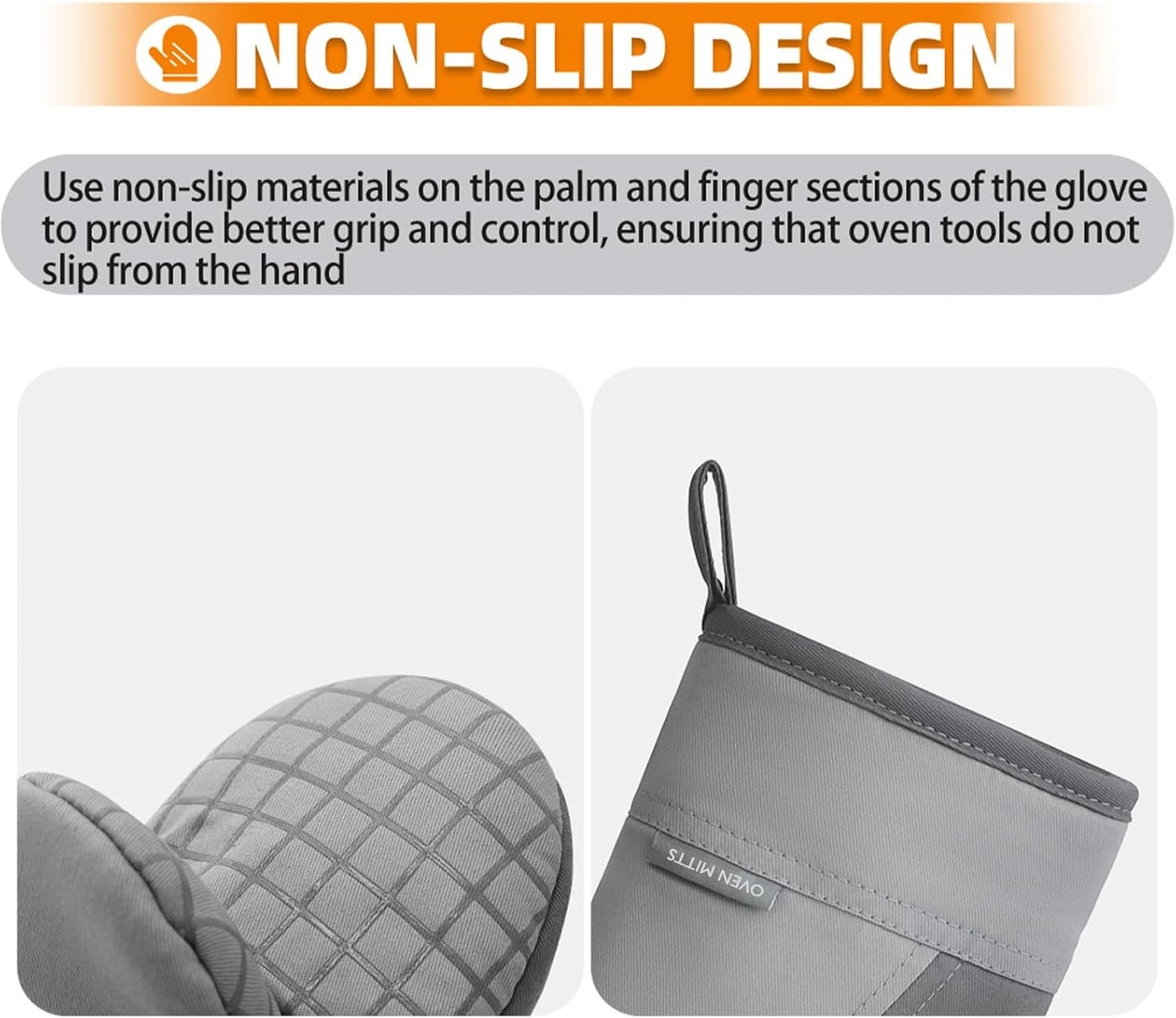 Mini Oven Mitts, Kitchen Oven Gloves Kitchen Mittens 500 Degrees Heat Resistant Baking Gloves, Non-Slip Silicone Surface with Hanging Loops Hot Gloves for Cooking, Baking, BBQ 1 Pair-Gray