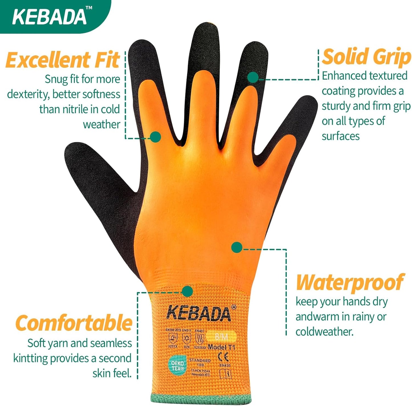 Kebada T1 3 Pairs Waterproof Winter Work Gloves for Men and Women, Warm Work Gloves for Cold Weather, Thermal Insulated Freezer Gloves, 100% Latex Coating & Super Grip, Unisex, XX-Large