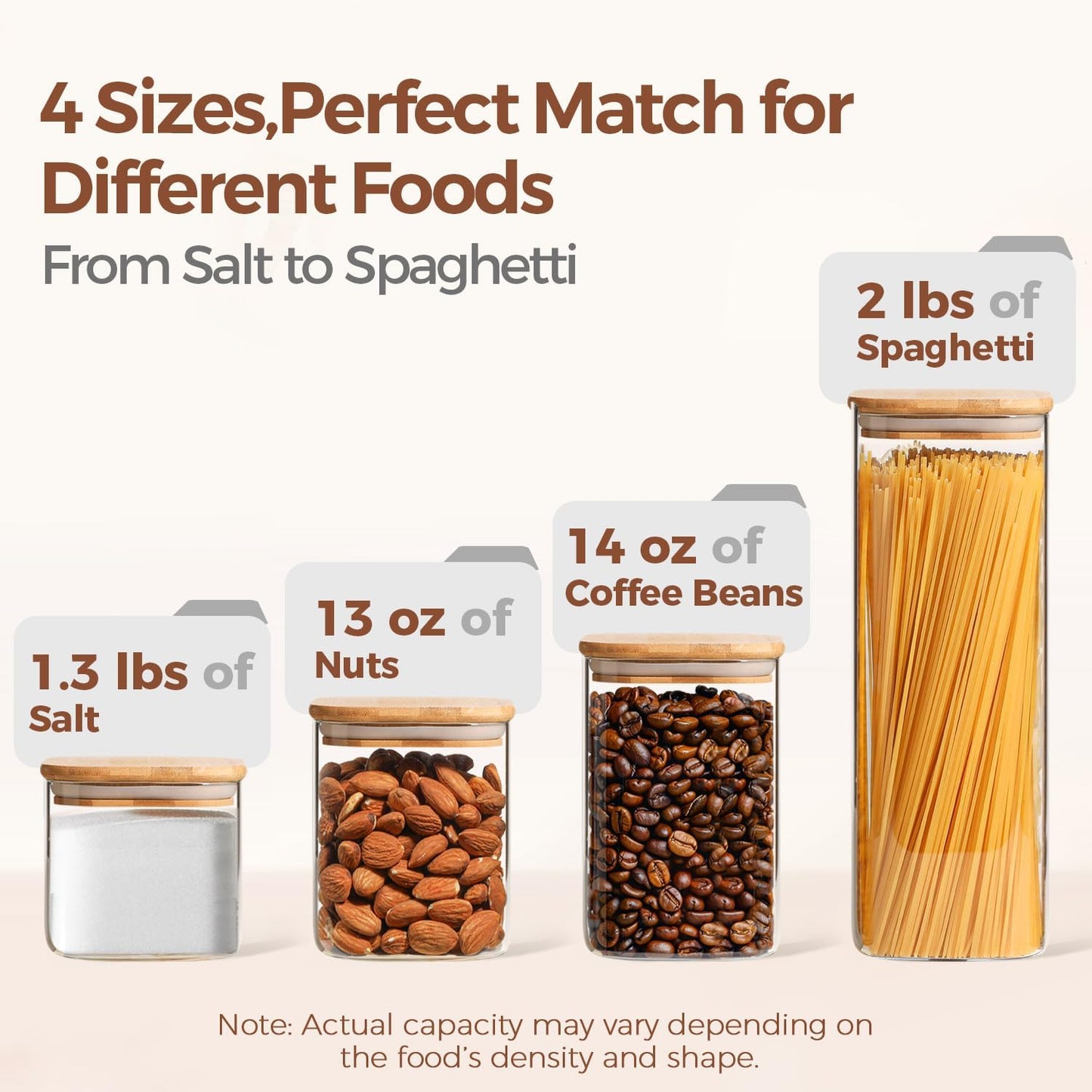 ComSaf Food Storage Containers with Airtight Lids Set of 6, Clear Glass Canister Food Jar with Sealing Lid Kitchen Pantry Storage Container for Spaghetti Pasta Sugar Flour Oat Cereal Beans, Square