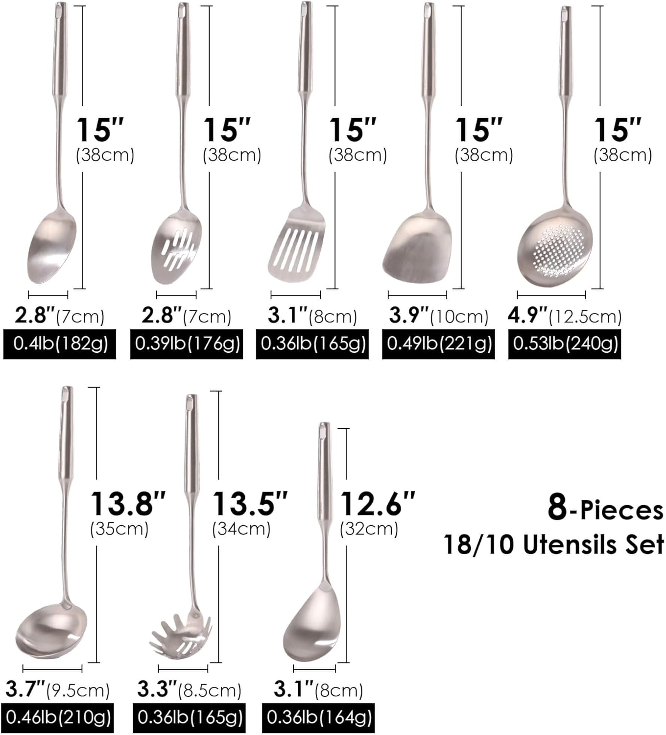 18/10 Stainless Steel Kitchen Utensils Set - 15” All Metal Cooking Tools & Serving Utensils, 8 PCS - Solid Spoon, Slotted Spoon, Spatula, Ladle, Skimmer, Tunner, Spaghetti Spoon, Large Spoon Set