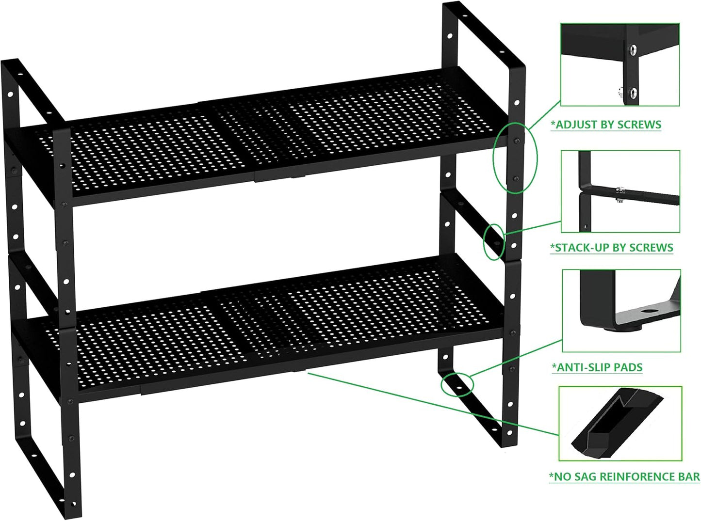 Expandable Shoe Rack Stackable Metal Pantry Storage Shelves Stand Adjustable Height Cabinet Shelf Organizer Racks Spice Shelving(2PACKS/BLACK,LARGE)
