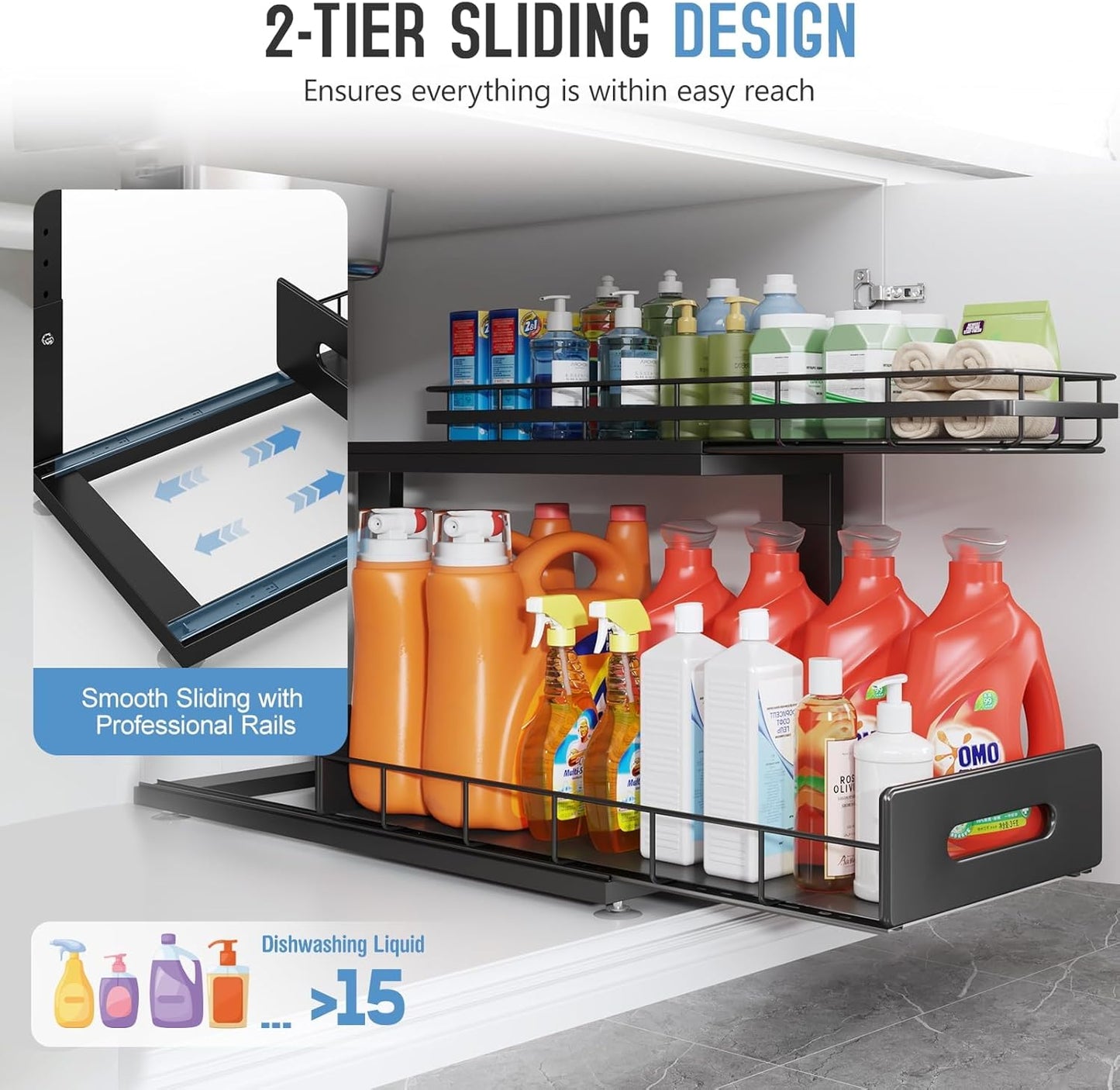 2 Pack 21 IN Depth Pull Out Cabinet Storage With Smooth Rails,2-Tier Dual Pull Out Cabinet Storage For Bathroom Kitchen,Under Sink Shelf-Black