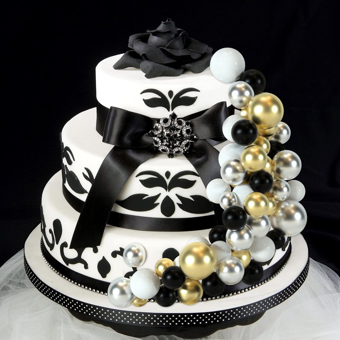 48 Pcs Balls Cake Topper Decorations Balloon Cupcake Toppers Foam Cake Topper Balls Cake Balls Decorations for Birthday Party Wedding Anniversary Cake Decorating (Black, Silver, White, Gold)