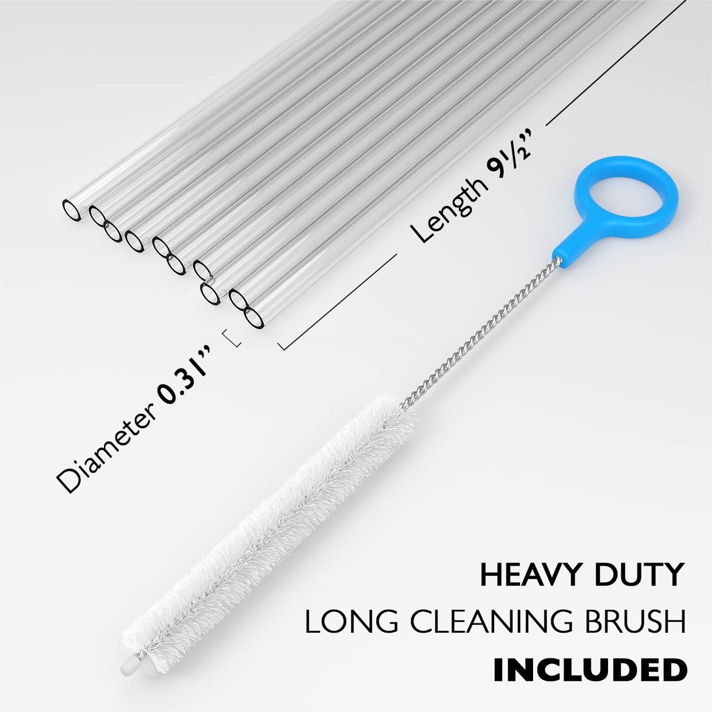 10 Long Clear Straws - Hard Clear Plastic Reusable Drinking Straws + Sturdy Cleaning Brush - for Tumblers, Mason Jars, Milkshakes and Smoothies - Dishwasher Safe BPA Free