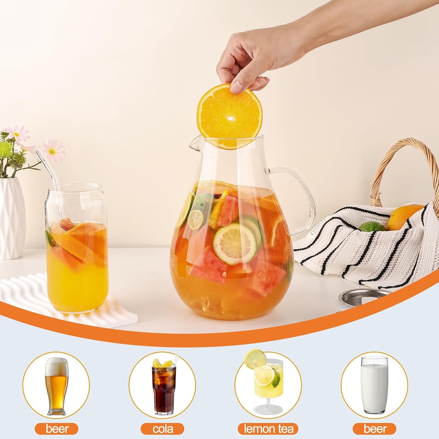 2500ml Glass Pitcher with Lid, 88 Ounces with Precise Scale Line, Hot/Cold Water Jug, Juice and Iced Tea Beverage Carafe with Lid