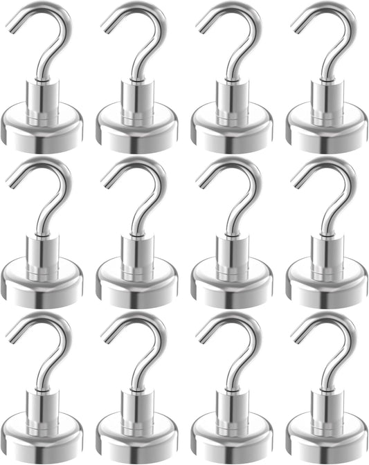 Strong Magnetic Hooks with 1 Inch Dia Magnet Base, 80lbs - 12Pack Heavy Duty Rare Earth Magnet Hook for Refrigerator,Extra Strong Cruise Hook for Hanging, Magnetic Hanger for Cabins, Grill