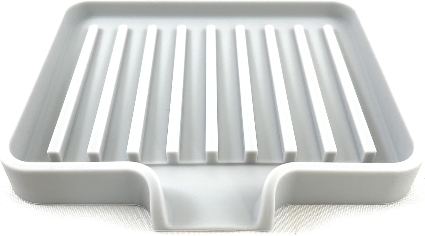 Happitasa Silicone Soap Dish Tray and Sponge Holder with Drain Chute, Pack of 2 | Bathroom and Kitchen Sink Organizer Caddy (Light Grey, 5.2"x4", 7.2 Ounces)