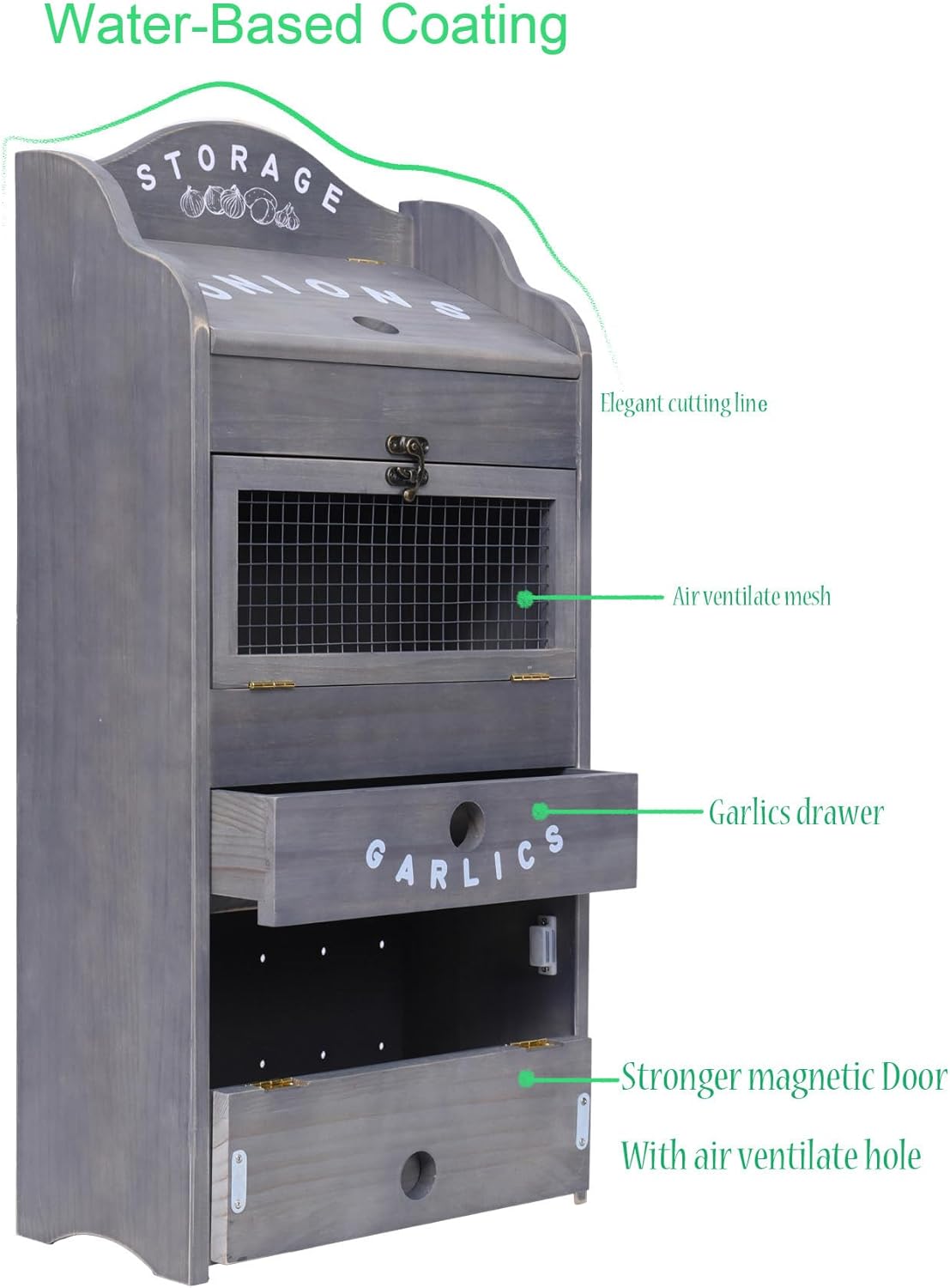 ARTAWEIN Potato Storage Bin Wall-mountable Potato Box with Lid Rustic and Garlic Drawer Onion Organizer with Grocery Section Decorative Vegetable Organization Cabinet for Kitchen