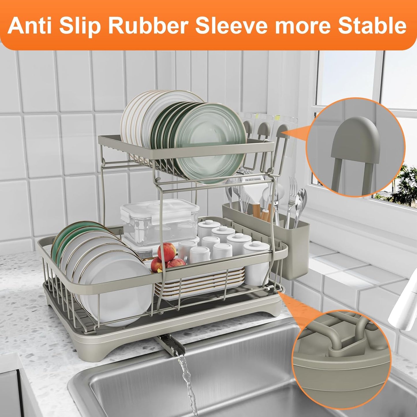 Dish Drying Rack for Kitchen Counter,Two-Tier Dish Rack with Utensil Holder, Auto-Draining Dish Racks, Large Capacity Dish Drainer Organizer for Plates, Bowls, Cups with Drainboard Grey