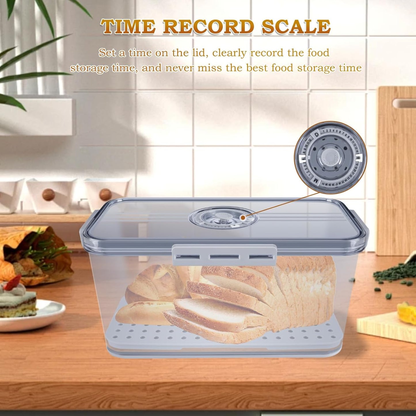Bread Box for Kitchen Counter, Time Recording Bread Storage Container with Lid, Transparent Bread Storage Device with Drainage Pad, Homemade Bread Storage Container, Toasted Bread 11.8"x8.07"x5.71"