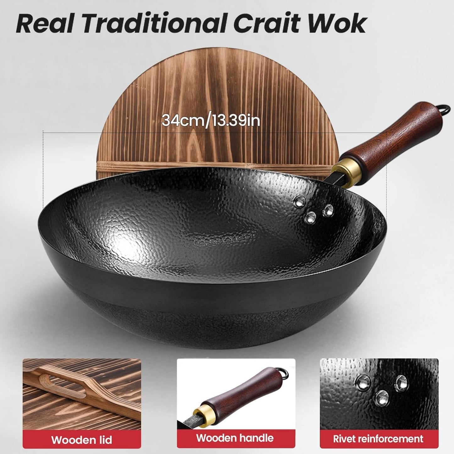 Carbon Steel Wok Pan, 13.5″Woks & Stir-Fry Pans with Wooden Lid Cookwares, Nonstick Wok, No Chemical Coated Round Bottom Hand Hammered Chinese Wok For Gas