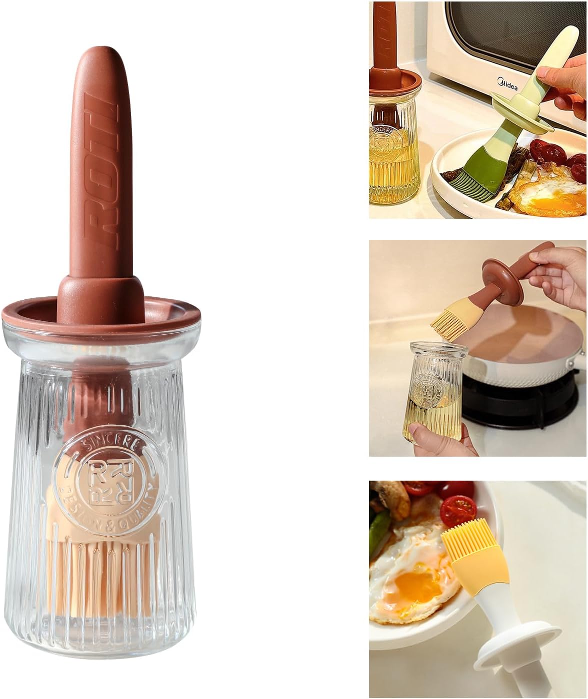 Oil Dispenser with Brush - Glass Olive Oil Dispenser for Kitchen, 3 IN 1 Oil Dispenser Bottle with Silicone Basting Brush for Cooking Vinegar Sauce BBQ Grill Frying (Brown)