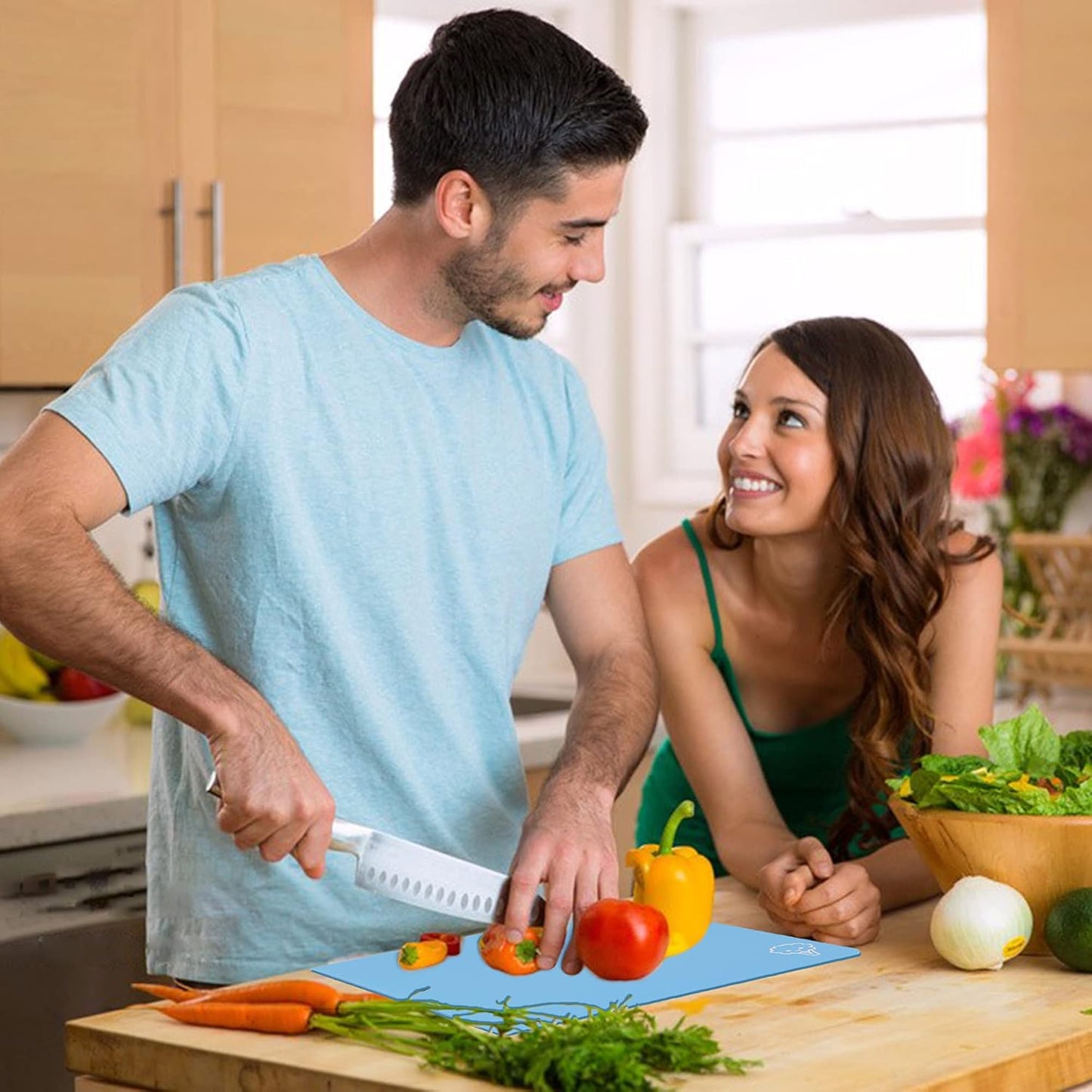 ZVP Flexible Plastic Cutting Board Set of 3 Gradient Color, Colorful Chopping Boards, BPA Free Mats, Non Slip, Dishwasher Safe, 15×12 Inch, Blue Multi-Color