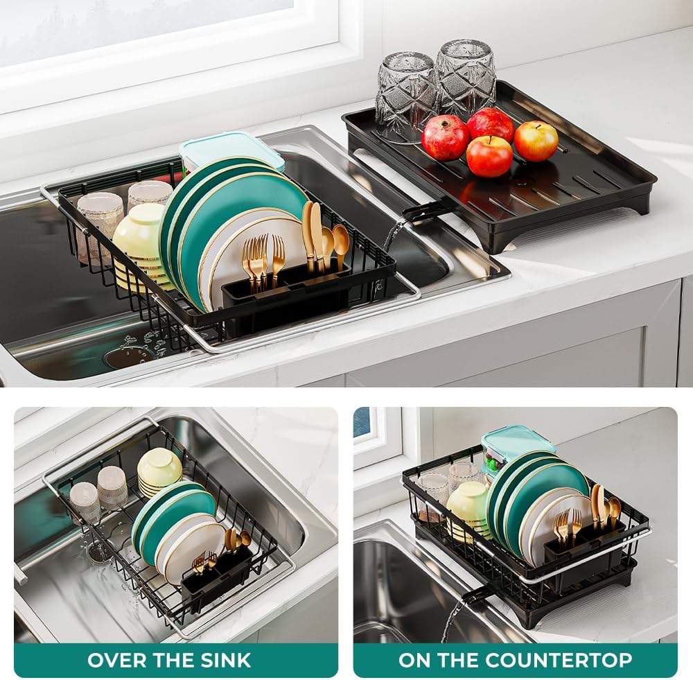 Small Dish Drying Rack in Sink, Expandable Stainless Steel Dish Drainers for Kitchen Counter, with Drain Board & Utensil Holder(Black)