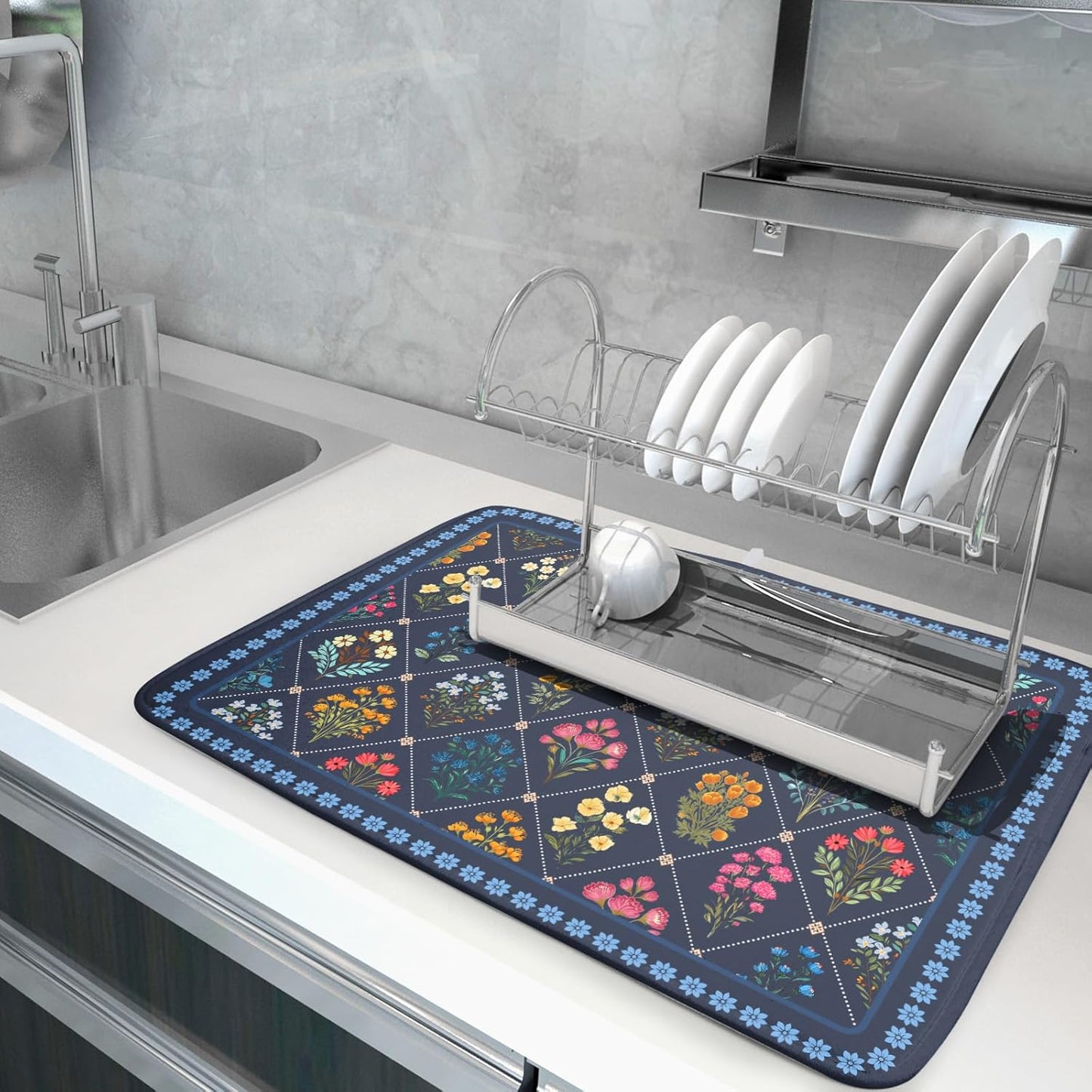Lapis Blue Dish Drying Mat for Kitchen Counter Flowers Microfiber Absorbent Dish Draining Reusable Washable Large