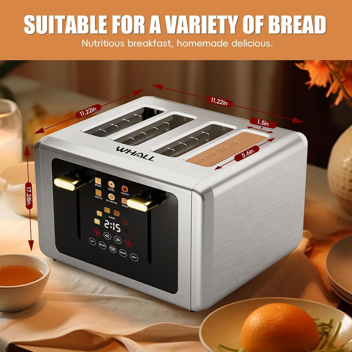 whall 4 Slice Touch Screen Toaster, Stainless Steel Toasters Digital Timer, Dual Control Panel Toasters，6 Shade Settings＆6 Bread Types, Smart Wide Slots, Bagel, Cancel, Defrost,Flat lever White
