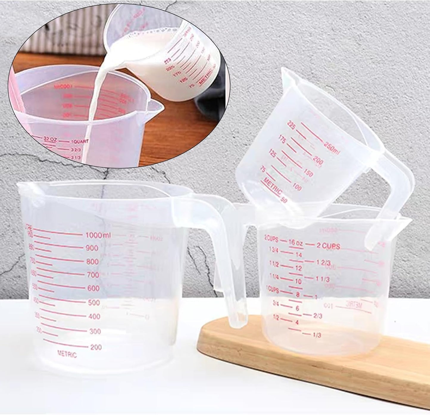 Unbreakable Plastic Measuring Cups 6 Piece Food-Grade Measuring Jugs, 250ml/500ml/1000ml- Capacity, Stackable and Dishwasher-Safe, Great for Oil, Vinegar, Flour, More Essential Kitchen Tools
