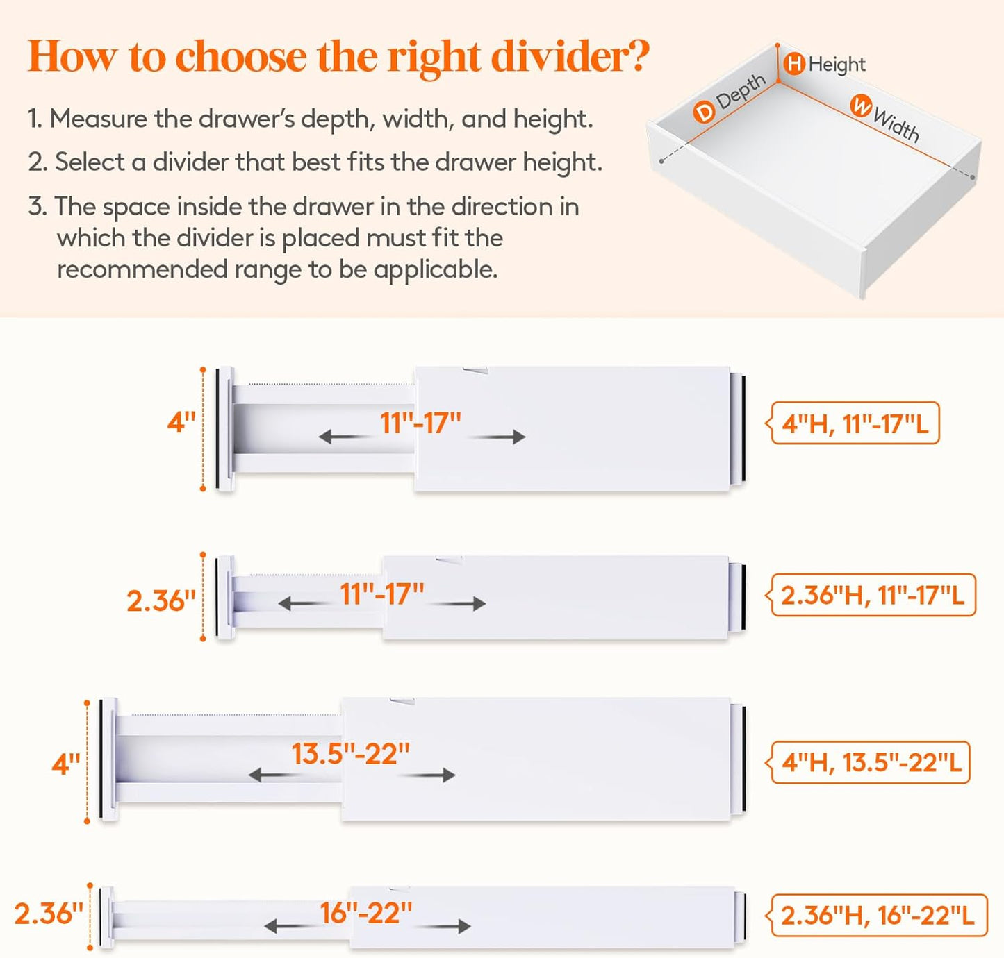 Lifewit 12 Pack Drawer Dividers 4" High,11-17" Adjustable Dresser Drawer Organizers for Clothes, Expandable Dresser Separators in Bedroom/Bathroom/Kitchen/Vanity/Office Organization and Storage, White