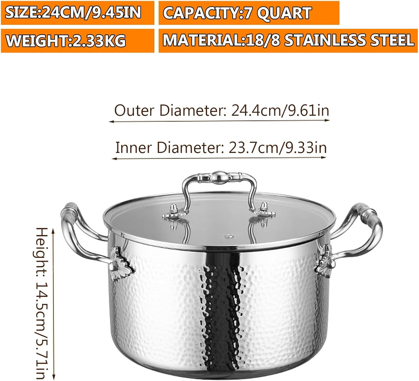 Stainless Steel Stock Pot with Visible Lid for Pasta, Soup, Spaghetti, Nonstick Thick Bottom Stockpot, Induction Pasta Pot Compatible with All Cooktops, Dishwasher Safe,7QT