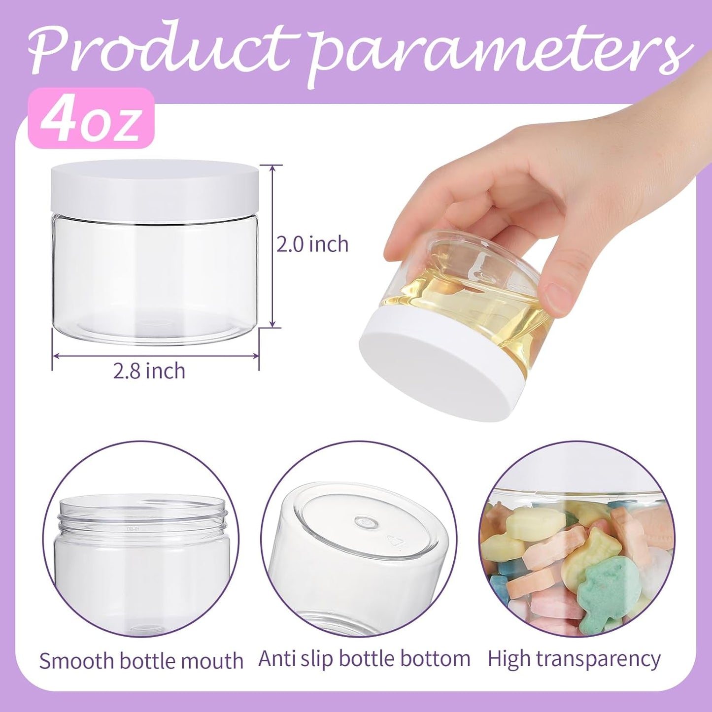 72 PCS 4 OZ Plastic Jars with Screw On Lids,Labels Refillable Empty Round Slime Containers for Storing Dry Food, Honey Jam, Cream, Butter, Lotion, White