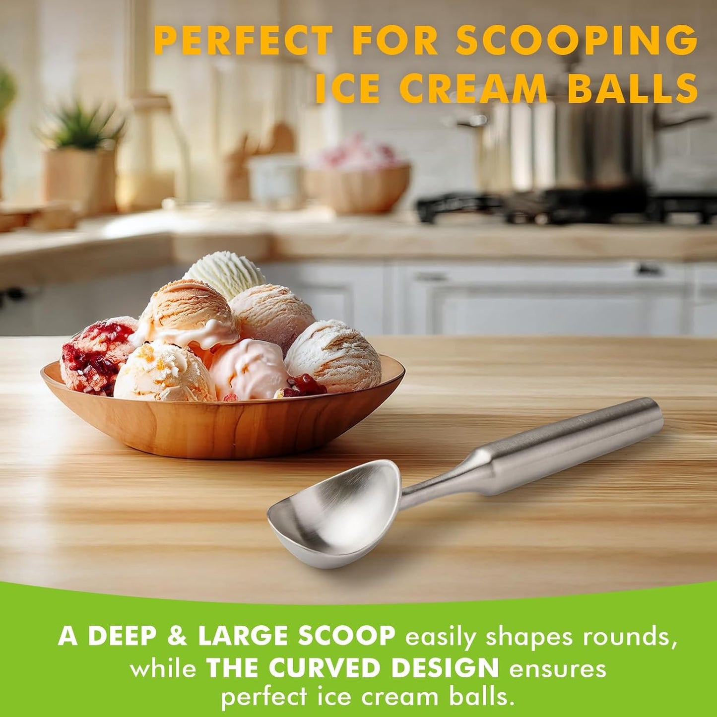 Ice Cream Scoop Stainless Steel. Ice Cream Scooper, Heavy Duty, Seamless Design, Comfortable Grip Long Handle, for Ice Cream, Gelato, Sorbet, Cookie Dough, Melon, Frozen Yogurt