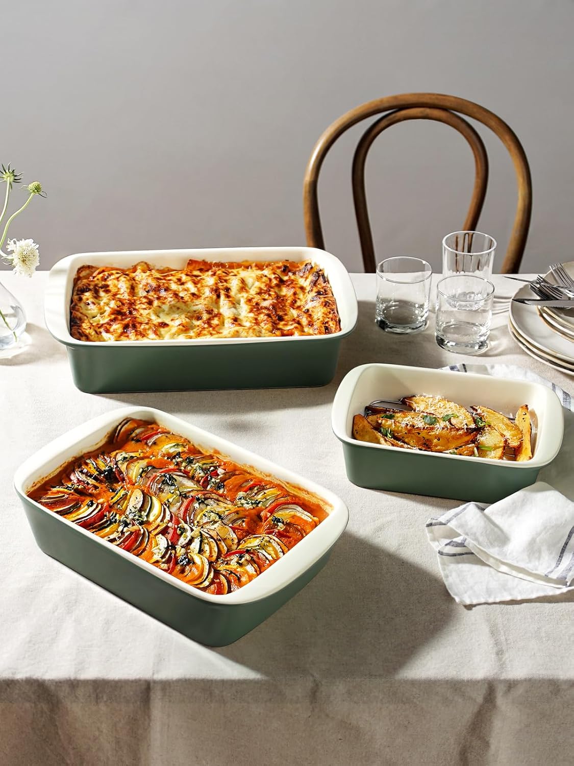 LE TAUCI Deep Casserole Dishes for Oven, 13.7”x9.6” Ceramic Baking Dish Set with Roasting Racks, Large Lasagna Pans with Handles, Rectangular Bakeware as Gift for Mom, Forest Green (4.6QT/3.0QT/1.6QT), Set of 3