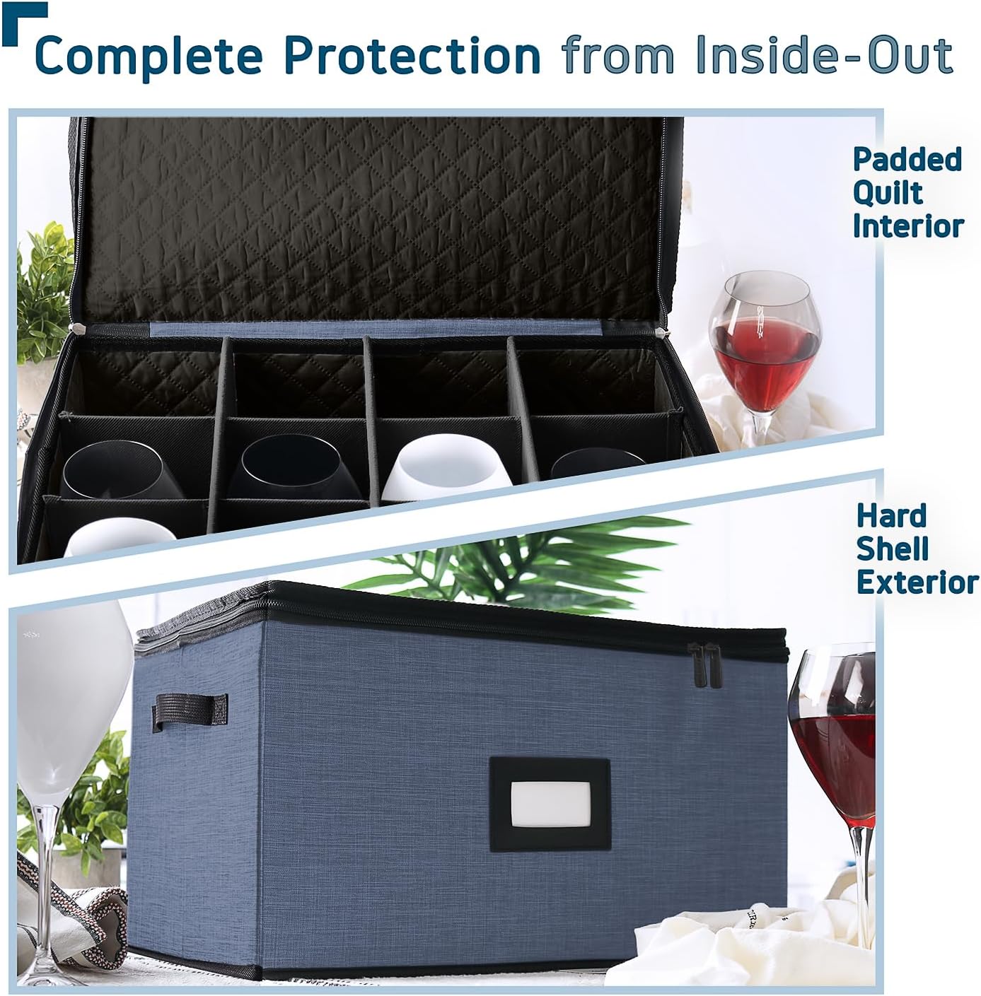 Hearth & Harbor Wine Glass Storage Box with Dividers, Quilted and Stackable Stemware Storage Cases, Service of 12 Glass China Container Hard Shell for Moving and Organization, Blue