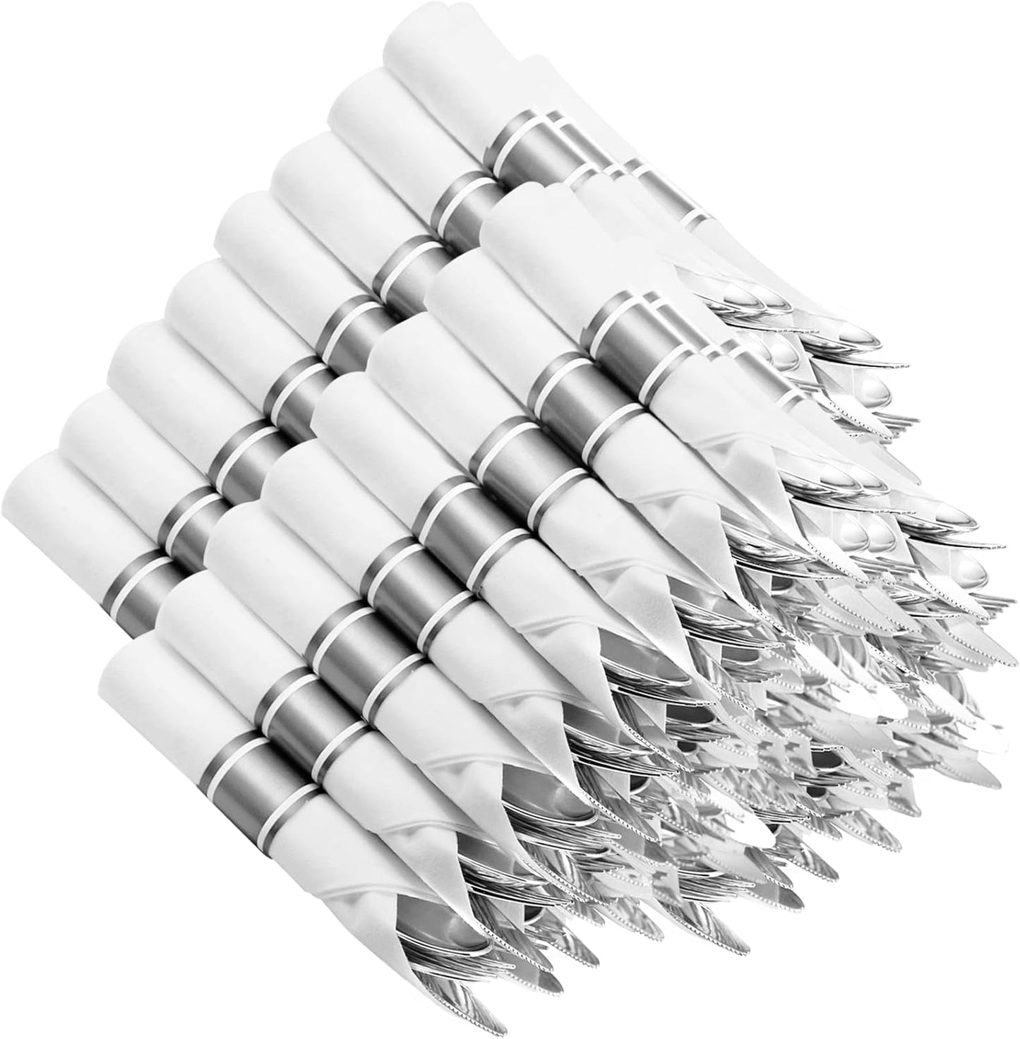 400PCS Pre Rolled Silver Plastic Silverware Sets - Heavy Duty Fancy Silver Cutlery - Include 100 Pack Wrapped Disposable Utensils with Napkins for Parties, Dinners & Weddings
