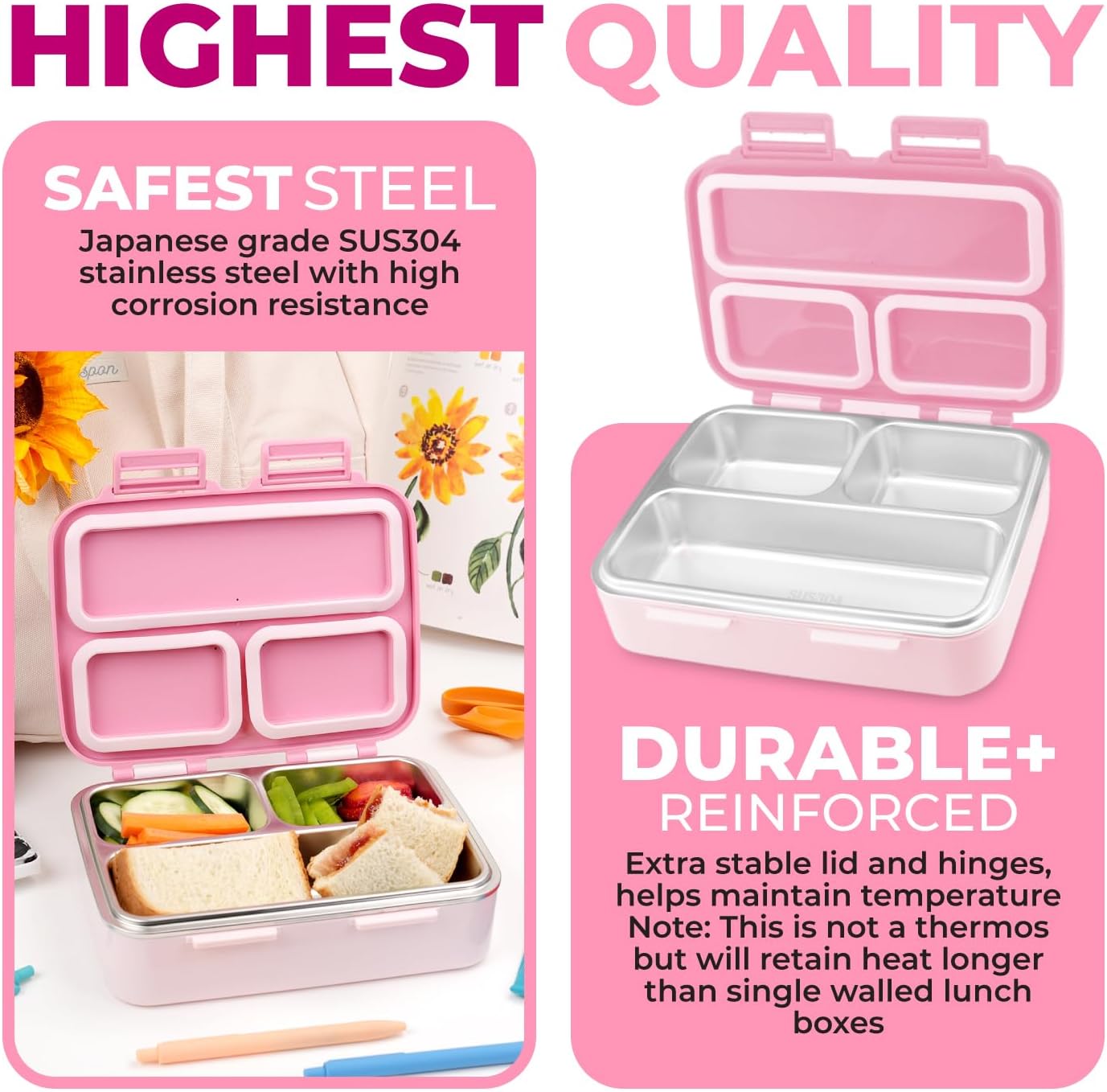 Stainless Steel Bento Box Lunch Container for Kids Adults with Removable Tray, Leakproof Silicone Seals, BPA Free 26 oz/790 mL (Pink)