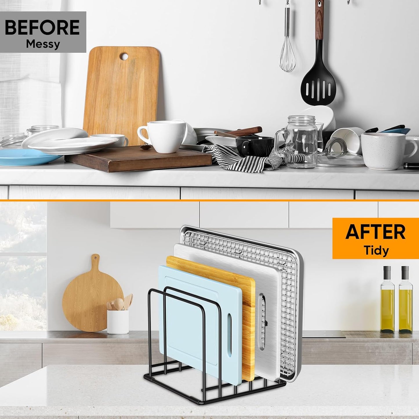 Kitchen Organizer Rack - 5-Slot Heavy-Duty Cutting Board and Bakeware Holder, Rust-Resistant with Anti-Slip Feet for Countertop or Cabinet Storage