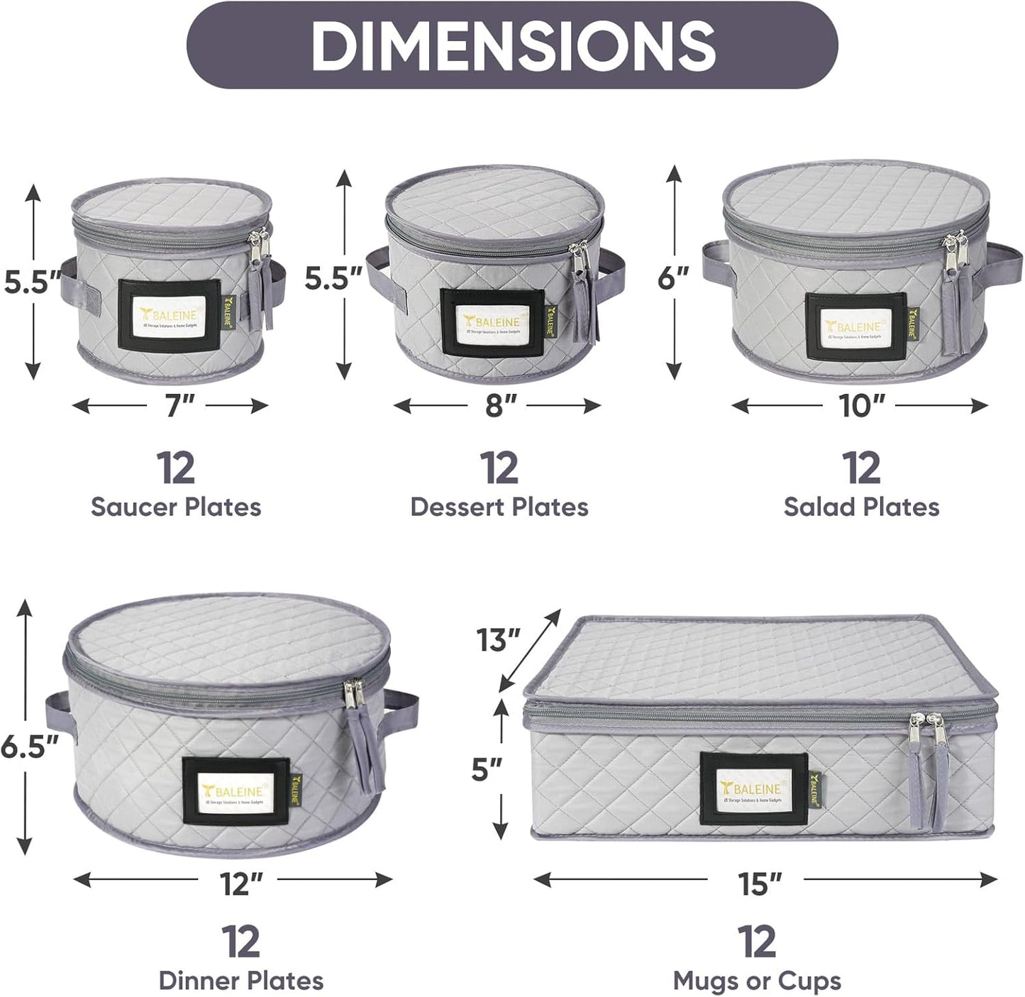 BALEINE China Storage Containers, Sturdy Quilted Wine Glass Storage, Plate Organizer with Carry Handles, Moving Boxes for Dishes, Cups, Mugs and Stemware (Plate Mug Combo, Soft Shell Grey)