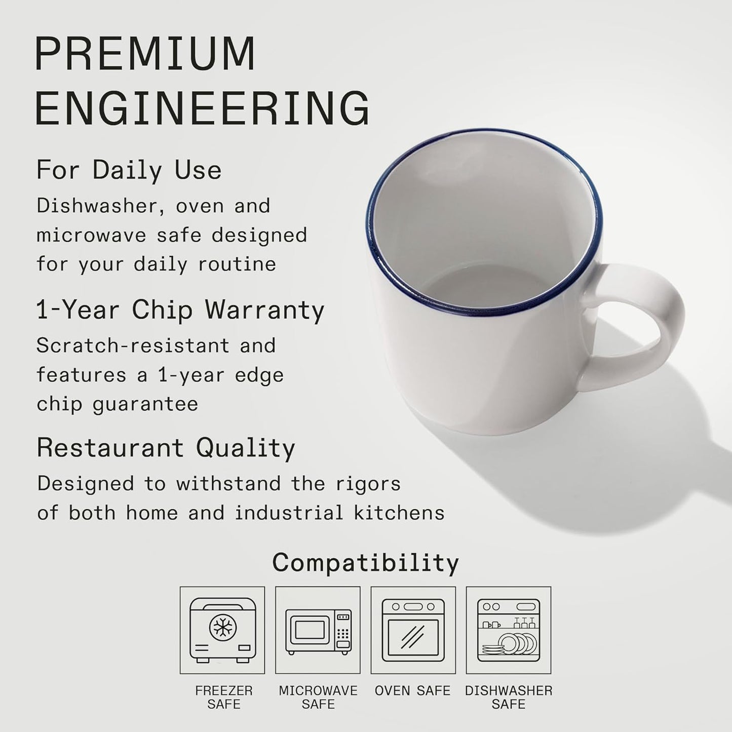 Made In Cookware - Set of 4 - Coffee Mug Set - 12 oz - White With Navy Rim - Porcelain - Crafted in England - Dishwasher and Microwave Safe